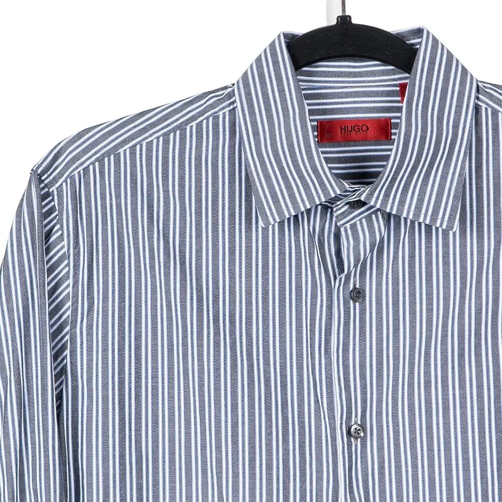 Hugo Boss Dress Shirt M Mens Vertical Stripe Gray Blue White EllisX Regular Fit - Picture 2 of 6